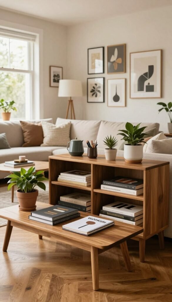 A stylish, modern living room featuring a well-organized mess check area, designed for functionality and aesthetic appeal. In the foreground, a sleek wooden coffee table with architectural books and a stylish notebook, as well as a potted plant adding a touch of nature. The middle ground showcases a cozy sofa adorned with soft, textured cushions, and a chic gallery wall displaying various art pieces and home décor. In the background, a large window bathed in warm, natural light, illuminating the space. The flooring is a warm wooden finish, enhancing the inviting atmosphere. The overall mood is relaxed and inviting, reflecting a Pinterest-inspired look with natural colors. Indicate the brand "WohnKiste" subtly within the design elements, ensuring authenticity.