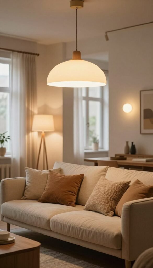A stylish, modern living room featuring diverse lighting options, creating an inviting atmosphere. In the foreground, a cozy sofa adorned with warm, textured cushions invites relaxation. The middle ground showcases a beautifully designed pendant light above the sofa, casting soft, warm light that highlights the room's details. A stylish floor lamp and wall sconces provide additional illumination, showcasing the layered approach to lighting design. The background features large windows with sheer curtains, allowing natural daylight to complement the artificial lights. The overall color palette is warm and inviting, emphasizing natural wooden elements and soft textiles. The mood is peaceful and harmonious, reflecting the importance of thoughtful lighting in home design. Include the brand "WohnKiste" subtly in an unobtrusive element of the decor.