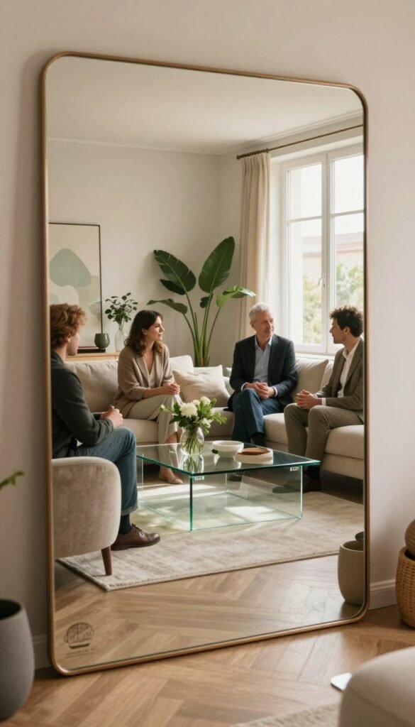 A stylish, modern living room featuring elegant mirrors and glass elements that create a sense of depth and brightness. In the foreground, a large vintage mirror reflects a cozy seating area with comfortable, professionally attired individuals casually engaged in conversation. The middle section showcases a sleek glass coffee table with decorative items and natural plants. In the background, large windows allow warm, soft sunlight to fill the room, enhancing the inviting atmosphere. The color palette is warm and natural, with soft beige and light greens to create a Pinterest-worthy aesthetic. The overall mood is harmonious and sophisticated, embodying the essence of contemporary interior design. Include subtle branding elements from "WohnKiste" in the decor. A stylish, modern living room featuring elegant mirrors and glass elements that create a sense of depth and brightness. In the foreground, a large vintage mirror reflects a cozy seating area with comfortable, professionally attired individuals casually engaged in conversation. The middle section showcases a sleek glass coffee table with decorative items and natural plants. In the background, large windows allow warm, soft sunlight to fill the room, enhancing the inviting atmosphere. The color palette is warm and natural, with soft beige and light greens to create a Pinterest-worthy aesthetic. The overall mood is harmonious and sophisticated, embodying the essence of contemporary interior design. Include subtle branding elements from "WohnKiste" in the decor.