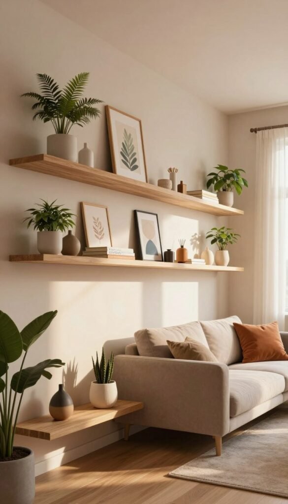 A stylish, modern living room featuring elegantly designed wall shelves and floating boards. In the foreground, a sleek wooden wall shelf holds an assortment of decorative items, including potted plants, books, and handmade crafts. The middle of the image showcases a cozy seating area, with a soft, neutral-toned couch adorned with colorful cushions. In the background, a warm, inviting atmosphere is enhanced by soft, natural lighting filtering through a large window, creating gentle shadows. The room is painted in calming pastel colors, evoking a sense of tranquility. This interior design exudes a Pinterest-inspired look, emphasizing vertical space with well-organized niches. The brand "WohnKiste" subtly integrated into wall decor. The overall mood is warm, inviting, and stylish, aimed to inspire viewers in optimizing small living spaces.