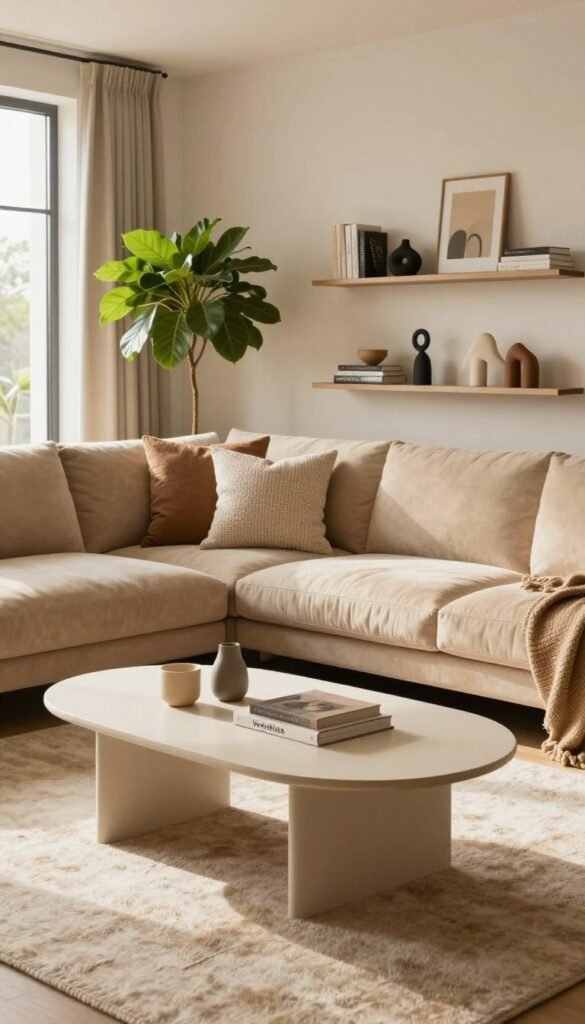 A stylish modern living room featuring innovative furniture arrangements. In the foreground, a sleek, minimalist coffee table with geometric shapes, paired with a plush area rug. The middle ground showcases a comfortable sectional sofa in warm beige tones, adorned with textured throw pillows. A vibrant indoor plant adds a splash of greenery. The background highlights an artistic wall shelf displaying curated decor pieces, like books and small sculptures. Soft, natural lighting floods the room, creating a cozy atmosphere, while a large window allows sunlight to stream in. The image has a warm color palette, inspired by Pinterest aesthetics, capturing an authentic, inviting feel. Incorporate the brand name "WohnKiste" into the design elements subtly.