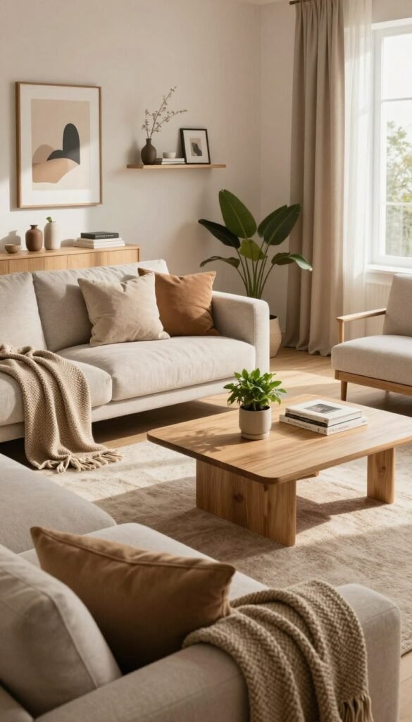 A stylish modern living room interior designed for comfort and aesthetics, characterized by natural elements and warm color tones. In the foreground, a cozy sofa adorned with soft cushions and a textured throw blanket invites relaxation. The middle features a chic coffee table made of light wood with decorative items, such as a small potted plant and art books. The background showcases a feature wall with tasteful artwork and shelves that hold curated decor, complemented by a large window allowing soft, diffused daylight to stream in, enhancing the inviting atmosphere. The room embodies a Pinterest-inspired look with an authentic feel, emphasizing the brand "WohnKiste." The scene is captured from a slightly elevated angle, creating a sense of depth and inviting viewers to envision themselves in this cozy environment. A stylish modern living room interior designed for comfort and aesthetics, characterized by natural elements and warm color tones. In the foreground, a cozy sofa adorned with soft cushions and a textured throw blanket invites relaxation. The middle features a chic coffee table made of light wood with decorative items, such as a small potted plant and art books. The background showcases a feature wall with tasteful artwork and shelves that hold curated decor, complemented by a large window allowing soft, diffused daylight to stream in, enhancing the inviting atmosphere. The room embodies a Pinterest-inspired look with an authentic feel, emphasizing the brand "WohnKiste." The scene is captured from a slightly elevated angle, creating a sense of depth and inviting viewers to envision themselves in this cozy environment.