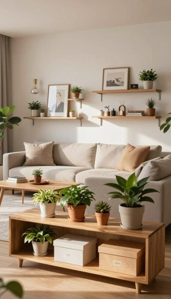 A stylish, modern living room showcasing innovative storage solutions that double as decorative elements. In the foreground, feature a beautifully designed wooden shelf filled with potted plants and decorative boxes, harmonizing with soft, natural lighting that casts warm shadows. The middle layer includes minimalist furniture, such as a sleek sofa adorned with textured throw pillows, and a coffee table clutter-free yet aesthetically pleasing. In the background, elegant wall-mounted storage units blend seamlessly with the decor, adorned with framed art and unique decor pieces arranged thoughtfully. The overall atmosphere is cozy and inviting, exuding a Pinterest-inspired aesthetic. This scene should embody the essence of efficient, beautiful design, highlighting the concept of "WohnKiste" without text or distractions. A stylish, modern living room showcasing innovative storage solutions that double as decorative elements. In the foreground, feature a beautifully designed wooden shelf filled with potted plants and decorative boxes, harmonizing with soft, natural lighting that casts warm shadows. The middle layer includes minimalist furniture, such as a sleek sofa adorned with textured throw pillows, and a coffee table clutter-free yet aesthetically pleasing. In the background, elegant wall-mounted storage units blend seamlessly with the decor, adorned with framed art and unique decor pieces arranged thoughtfully. The overall atmosphere is cozy and inviting, exuding a Pinterest-inspired aesthetic. This scene should embody the essence of efficient, beautiful design, highlighting the concept of "WohnKiste" without text or distractions.