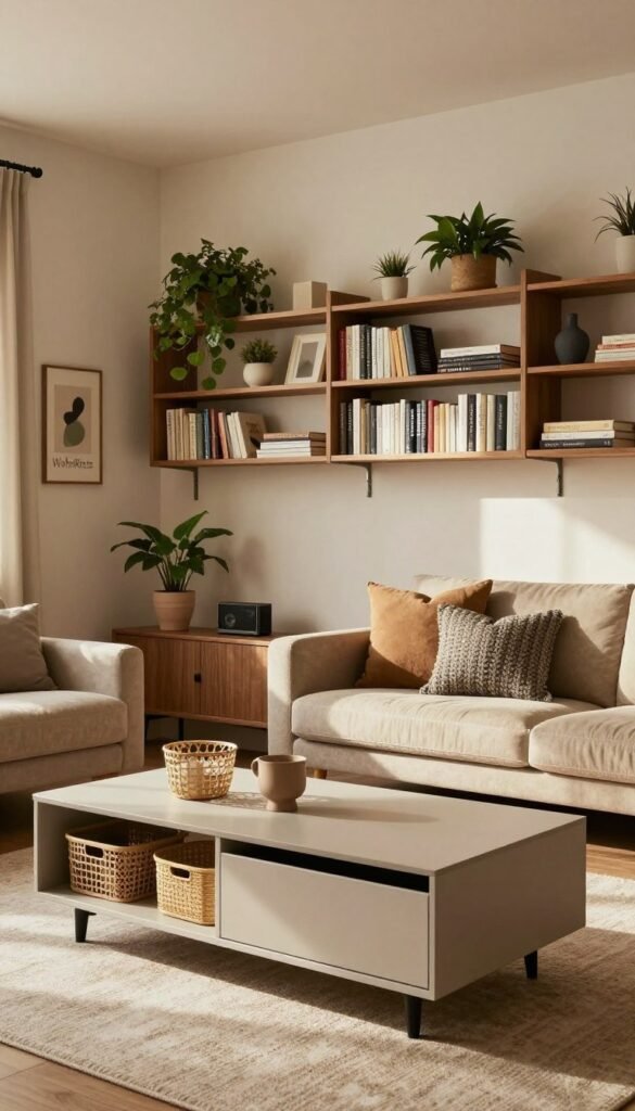 A stylish, modern living room showcasing innovative storage solutions that maximize space without making the area feel cramped. In the foreground, there is a sleek, multi-functional coffee table with hidden drawers, alongside decorative storage baskets. The middle ground features a wall-mounted shelving unit filled with books and decorative plants, creating a sense of warmth. In the background, a cozy seating area with a plush sofa adorned with textured cushions invites relaxation. Use natural lighting to illuminate the room, casting soft shadows that enhance the inviting atmosphere. The overall color palette should consist of warm tones, evoking a Pinterest-inspired aesthetic. Include subtle branding elements related to "WohnKiste" in the design. The scene should exude a sense of harmony and thoughtful organization, suggesting an ideal balance of function and style.