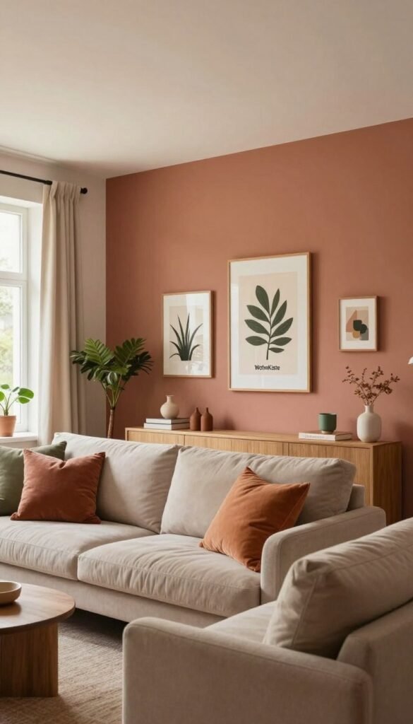 A stylish modern living room showcasing innovative wall color ideas, featuring a warm, inviting palette that embodies a natural aesthetic. In the foreground, a cozy seating arrangement with a plush sofa and colorful accent pillows. The middle ground highlights a beautifully painted accent wall in a soft terracotta hue, complemented by artwork and decorative plants. In the background, a ceiling painted in a light, airy color enhances the spacious feel. Soft, natural lighting filters through large windows, creating a warm ambiance. The overall composition maintains a Pinterest-inspired look, exuding authenticity and elegance. Include elements that reflect the branding of "WohnKiste" subtly in the design. Focus on creating a harmonious atmosphere suitable for modern living.