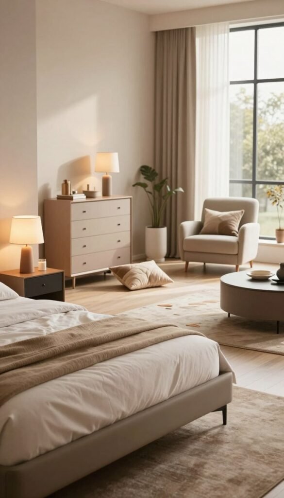 A stylish, modern living space featuring a beautifully arranged bedroom showcasing various types of furniture for a cozy atmosphere. In the foreground, display a sleek modern bed with soft, inviting bedding, a stylish nightstand with warm-toned lamps, and an elegant dresser. In the middle ground, include diverse product types like a chic armchair, decorative pillows, and a unique rug, emphasizing different price ranges. The background should feature a soft, well-lit window with sheer curtains allowing natural sunlight to flood the room, creating a warm and inviting feel. Use a wide-angle lens to capture the entire scene, with a subtle depth of field focusing on the bedroom elements. The overall mood is one of comfort and inspiration, reflecting a Pinterest-worthy aesthetic, with the brand name "WohnKiste" subtly incorporated into the design elements without any captions or text overlays.