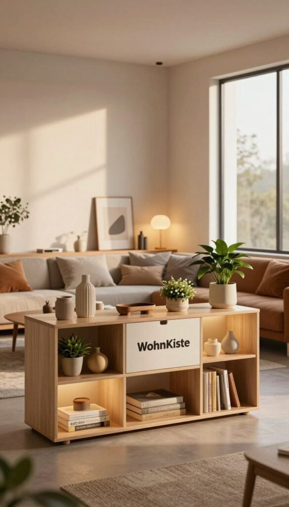 A stylish, modern living space featuring innovative and aesthetically pleasing storage solutions that blend seamlessly with the decor. In the foreground, a beautifully arranged shelving unit from "WohnKiste" showcases decorative items, plants, and subtly hidden compartments, creating an organized yet artistic display. The middle ground features a cozy seating area with warm, natural colors, accented by ambient lighting that enhances the inviting atmosphere. In the background, large windows allow soft, diffused daylight to filter in, casting gentle shadows and creating a serene mood. The overall composition should evoke a sense of harmony and creativity, emphasizing practical storage without compromising on style, perfect for a Pinterest-inspired aesthetic. A stylish, modern living space featuring innovative and aesthetically pleasing storage solutions that blend seamlessly with the decor. In the foreground, a beautifully arranged shelving unit from "WohnKiste" showcases decorative items, plants, and subtly hidden compartments, creating an organized yet artistic display. The middle ground features a cozy seating area with warm, natural colors, accented by ambient lighting that enhances the inviting atmosphere. In the background, large windows allow soft, diffused daylight to filter in, casting gentle shadows and creating a serene mood. The overall composition should evoke a sense of harmony and creativity, emphasizing practical storage without compromising on style, perfect for a Pinterest-inspired aesthetic.