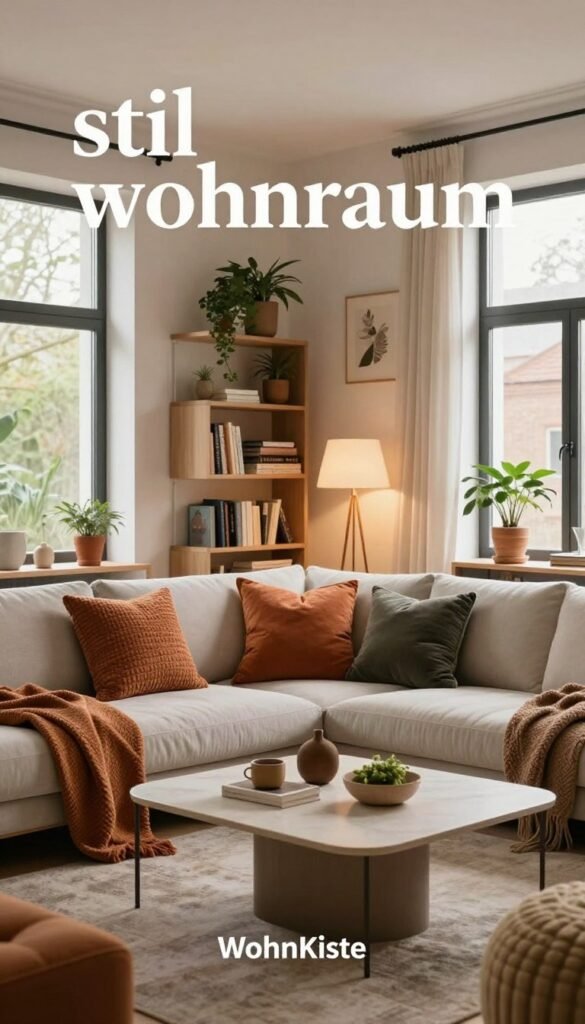 A stylish, modern living space reflecting "stil wohnraum" with a cozy atmosphere. The foreground features a tastefully arranged seating area with a comfortable sofa adorned with textured pillows in warm, inviting colors. An elegant coffee table with decorative items sits in the middle. The middle ground displays a bookshelf filled with curated decor and plants, complemented by soft lighting from a stylish floor lamp. The background showcases large windows allowing natural light to stream in, highlighting the harmony between function and design. The overall mood is warm and inviting, with an emphasis on authenticity and a Pinterest-worthy aesthetic. The brand name "WohnKiste" is subtly integrated into the decor, emphasizing style without overpowering the image.