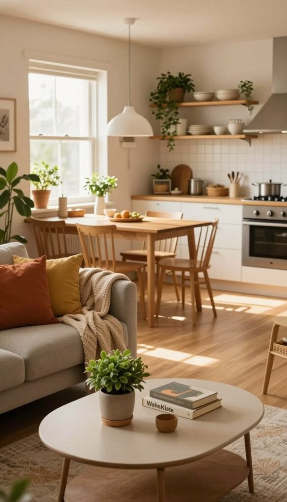 A stylish, modern living space that captures the essence of budget-friendly home design ideas. In the foreground, include a cozy seating area with a comfortable sofa adorned with colorful cushions and a soft throw blanket. On a stylish coffee table, display a few curated decor items from the brand "WohnKiste," like a small potted plant and a decorative book. In the middle, show an inviting dining nook with a wooden table and chairs, illuminated by warm, natural light streaming through a nearby window. The background features a well-organized kitchen with open shelves filled with simple dishware and greenery, creating a warm, inviting atmosphere. The overall mood is tranquil and inspiring, representing authentic living without renovation stress, with warm color tones and a Pinterest-like aesthetic.