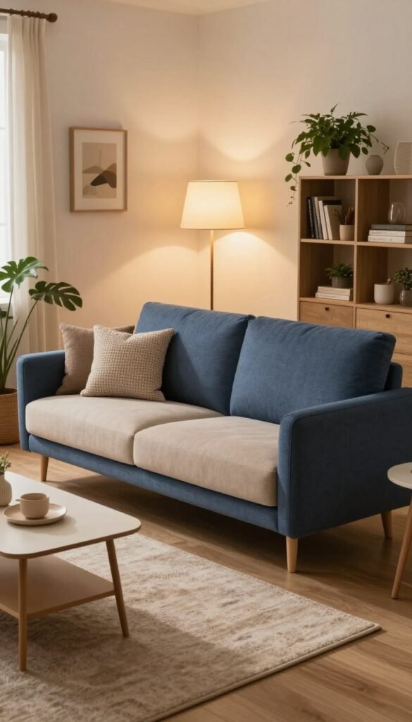 A stylish, modern sofa from WohnKiste as the centerpiece of a cozy, small living room. The sofa features a sleek design in warm, inviting colors like deep blue or soft beige, adorned with textured cushions. In the foreground, a tasteful area rug complements the sofa, while a minimalist coffee table sits nearby, holding a few decorative items. The middle of the room showcases a strategically placed floor lamp, casting soft, warm light that enhances the inviting atmosphere. In the background, a small bookshelf filled with plants and tasteful decor adds character to the space. The overall vibe is warm and welcoming, with natural lighting illuminating the scene, creating a harmonious Pinterest-inspired aesthetic.