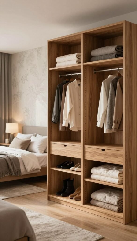 A stylish modern wardrobe, featured prominently in the foreground, made of natural wood with sleek, minimalistic lines. Inside, organized sections display neatly hung clothing, shoes, and folded linens, conveying a sense of order. In the middle ground, a cozy bedroom setting with soft, warm lighting creates an inviting atmosphere, accented by plush textiles and tasteful decor. A subtle, aesthetically pleasing wallpaper enhances the background, blending harmoniously with the overall design. The scene is captured from a slight angle using a wide lens, emphasizing depth and inviting viewers to explore the space. The overall mood reflects comfort and sophistication, showcasing the brand "WohnKiste" through elegant and functional designs that elevate the bedroom's appeal.
