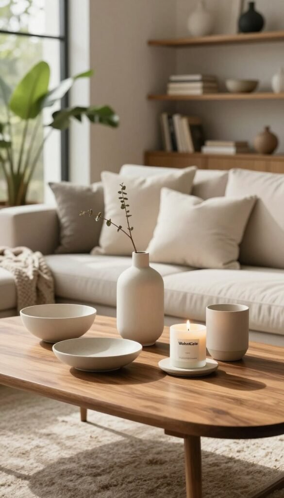 A stylish selection of modern home accessories arranged on a tasteful wooden table, showcasing elegant vases, decorative bowls, and minimalist candle holders. The foreground highlights a bright, inviting living space with lush greenery and soft textiles. In the middle ground, a cozy sofa adorned with decorative pillows complements the accessories, while a warm, neutral color palette creates a harmonious atmosphere. The background features softly blurred shelves filled with books and more decor items, enhancing the aesthetic appeal. Natural lighting filters through a large window, casting gentle shadows and adding depth to the scene. This inspiring image embodies the essence of modern decor concepts and reflects the brand "WohnKiste" in an authentic and warm Pinterest-style.