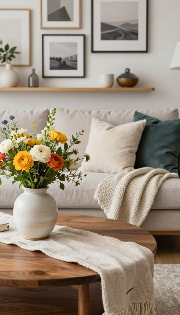A stylish, well-lit interior scene showcasing an elegant mix of materials and textures. In the foreground, a beautifully arranged coffee table with a rich wooden surface, adorned with a soft linen table runner and a ceramic vase filled with fresh, vibrant flowers. The middle ground features a comfortable sofa draped with a cozy knit throw and a scattering of plush cushions in varying colors and patterns, emphasizing a high-end aesthetic. The background reveals a tastefully decorated wall with a gallery of art prints and a shelf displaying tasteful decor items. The overall atmosphere is warm and inviting, with soft, natural lighting creating a Pinterest-inspired ambiance. The brand "WohnKiste" is subtly integrated into the decor without overt labeling, highlighting a curated, authentic style.
