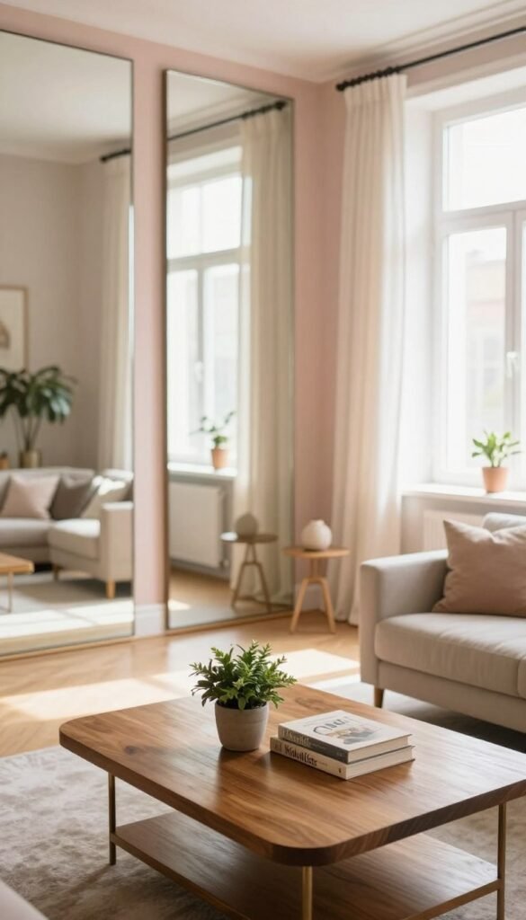 A stylish, well-lit interior showcasing an elegantly decorated room featuring large mirrors and glass surfaces that enhance brightness and spatial perception. In the foreground, a luxurious wooden coffee table holds a small potted plant and a decorative book. In the middle ground, the mirrors reflect natural light flooding in through big windows adorned with sheer curtains, adding a soft glow to the warm color palette. The background showcases pastel walls and carefully arranged furniture, creating an inviting atmosphere. The image captures a sense of airy openness, using soft focus to emphasize the play of light on surfaces. Ensure to avoid any human subjects; the scene should evoke a Pinterest-worthy aesthetic. Include branding for "WohnKiste" subtly within the decor elements.