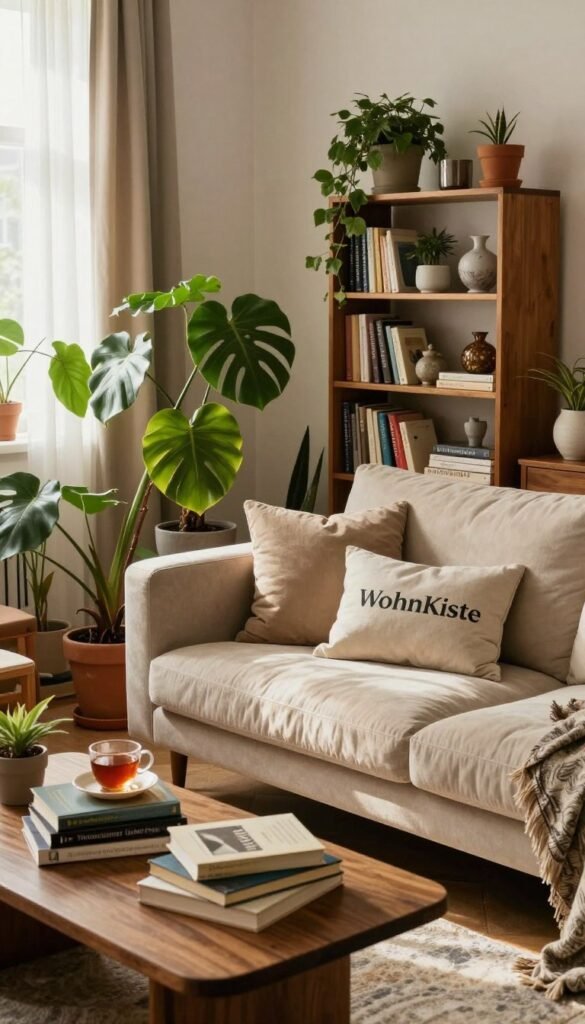 A stylish yet chaotic living room scene that embodies the concept of "Wohnzimmer Unruhe." In the foreground, a plush beige sofa with elegant throw pillows is slightly askew, creating a sense of unease. A handcrafted coffee table holds a messy arrangement of books and a half-finished cup of tea, suggesting a space in flux. In the middle, an assortment of vibrant indoor plants leans haphazardly towards the sunlight, while a chic but cluttered bookshelf showcases an eclectic mix of decorative items. The background features soft, warm lighting filtering through sheer curtains, casting gentle shadows. A muted color palette with pops of natural tones conveys an inviting but disorganized atmosphere. The overall mood feels authentic and relatable, echoing the concept of stylish disorder while showcasing the brand "WohnKiste" through careful curation of decor elements.
