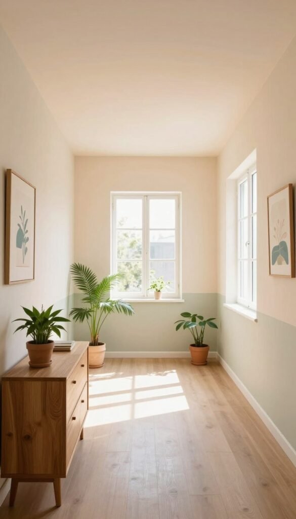 A stylishly decorated small room featuring a bright, wide band painted on the walls, creating the illusion of spaciousness. The foreground showcases an elegant, modest wooden furniture piece with soft textures, accented by potted green plants for a touch of nature. In the middle section, a warm, airy ceiling extends with a light color palette, complemented by delicate, natural lighting that highlights the space's depth. The walls are adorned with tasteful artwork that enhances the inviting atmosphere. In the background, large windows allow sunlight to stream in, further illuminating the room. The overall aesthetic reflects the brand Wohnkiste, embodying a Pinterest-worthy look with warm colors. The scene conveys a cozy yet open feeling, showcasing effective space-enhancing techniques.