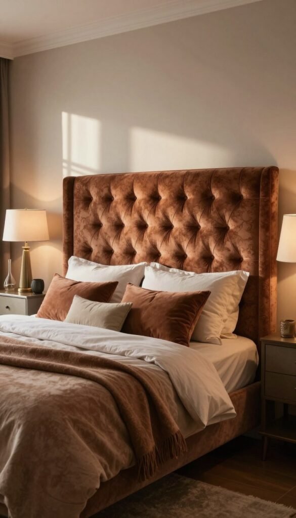 A stylishly designed bedroom featuring a stunning bed with a prominent headboard, an eye-catching focal point. The headboard is upholstered in luxurious fabric, adorned with elegant tufting and a rich, warm color palette. In the foreground, the bed is dressed in plush pillows and a soft, inviting blanket, inviting relaxation. The middle ground showcases tasteful decor elements such as bedside tables with stylish lamps and decorative accents. The background depicts a softly lit window, allowing natural light to flood the room, enhancing the warm atmosphere. The image should evoke a sense of tranquility and sophistication, embodying the essence of a cozy yet chic sleeping space. The overall aesthetic aligns with the Pinterest-inspired look, reflecting the brand WohnKiste. The scene is captured with a wide-angle lens to create depth and warmth, ensuring it feels both inviting and elegant.
