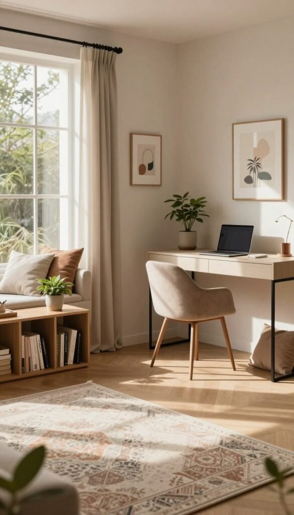 A stylishly zoned living space interior showcasing different functional areas, such as a cozy reading nook with a plush armchair and a small bookshelf, an elegant workspace with a minimalist desk and a laptop, and a serene relaxation area with soft cushions and plants. Natural light streams in through large windows, casting warm shadows and enhancing the overall warmth of the space. The foreground features a beautifully patterned rug, while soft textures in muted earth tones create a harmonious atmosphere. In the background, tasteful decor elements, like framed artwork and potted plants, offer a Pinterest-worthy aesthetic. The image should feel inviting and peaceful, embodying the concept of intelligent room zoning for a clearer living environment, with the brand name “WohnKiste” subtly integrated into the decor without text. A stylishly zoned living space interior showcasing different functional areas, such as a cozy reading nook with a plush armchair and a small bookshelf, an elegant workspace with a minimalist desk and a laptop, and a serene relaxation area with soft cushions and plants. Natural light streams in through large windows, casting warm shadows and enhancing the overall warmth of the space. The foreground features a beautifully patterned rug, while soft textures in muted earth tones create a harmonious atmosphere. In the background, tasteful decor elements, like framed artwork and potted plants, offer a Pinterest-worthy aesthetic. The image should feel inviting and peaceful, embodying the concept of intelligent room zoning for a clearer living environment, with the brand name “WohnKiste” subtly integrated into the decor without text.
