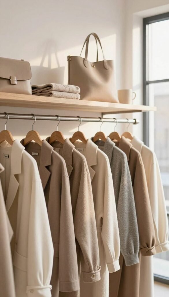 A stylistically curated wardrobe display featuring neutral colors such as beige, taupe, soft gray, and warm whites. In the foreground, neatly arranged clothing items hang on minimalist wooden hangers, emphasizing the textures and colors. The middle ground includes a well-organized shelf showcasing accessories like scarves and bags in complimentary neutral tones. The background features a softly lit, airy room with light natural wood accents and a large window allowing warm sunlight to filter through, creating a cozy and welcoming atmosphere. The overall mood is calm and elegant, perfect for illustrating the idea of a versatile, color-coordinated wardrobe. Include elements that reflect the brand "Wohnkiste," enhancing the aesthetic with a Pinterest-inspired look, free of any text, watermarks, or signatures.