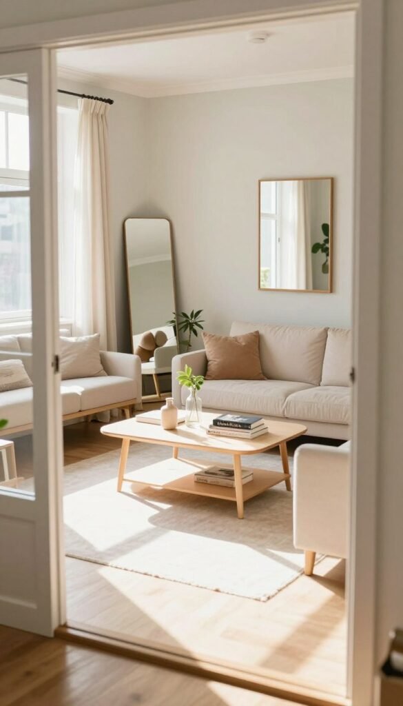A sunlit, cozy interior of a small living room designed to appear more spacious, featuring strategically placed mirrors and light-colored furniture. The foreground includes a bright, airy window with sheer curtains, allowing natural daylight to stream in and illuminate the space. In the middle, a stylish, minimalist coffee table holds a few decorative elements like books and a small indoor plant. The background displays a softly painted wall with light colors, creating a feeling of openness. The scene conveys warmth and intimacy with an inviting atmosphere, showcasing a Pinterest-inspired aesthetic. The natural lighting casts gentle shadows, enhancing the room’s depth and inviting charm, perfect for the brand "WohnKiste."