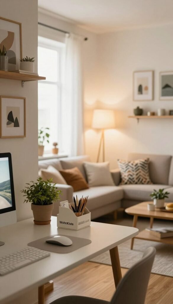 A thoughtfully arranged living space showcasing budget-friendly interior design tips. In the foreground, a stylish workspace with a minimalist desk holding a potted plant and a chic organizer labeled "WohnKiste." In the middle, an inviting seating area featuring a cozy sofa, decorative pillows, and a well-placed floor lamp casting warm light. The background reveals a bright, airy window with sheer curtains, providing natural sunlight. The walls are adorned with budget-friendly art prints and shelves filled with affordable home decor items. The atmosphere is warm and inviting, with earthy tones and a Pinterest-inspired aesthetic that reflects comfort and practicality. Soft focus effect to enhance the inviting mood. Authentic and professional, with no text or distractions.