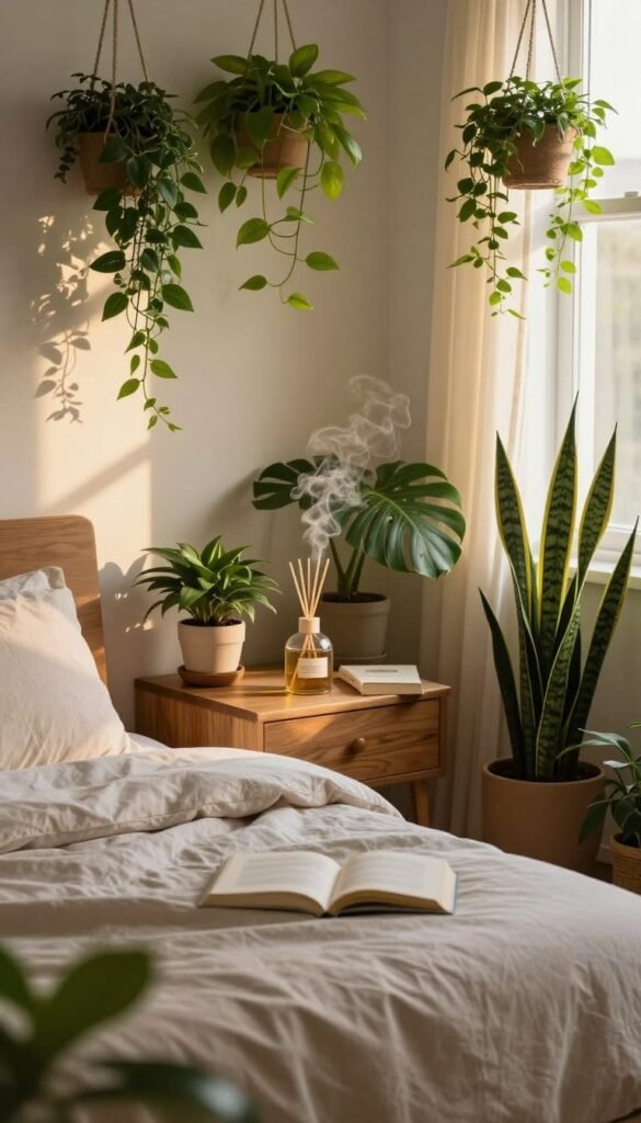 A tranquil bedroom scene filled with lush green plants that enhance relaxation. In the foreground, a cozy bed adorned with soft, neutral-colored linens, surrounded by hanging indoor plants like pothos and snake plants, creating a natural haven. In the middle, a wooden bedside table with a fragrant diffuser emitting gentle wisps of aromatic steam, and a small book resting next to it, inviting peaceful reading. The background features a softly lit window with sheer curtains through which warm, golden sunlight filters, casting serene shadows. The mood is calm and inviting, embodying a Pinterest-worthy aesthetic that radiates warmth and authenticity. The brand "WohnKiste" subtly incorporated in the decor elements.