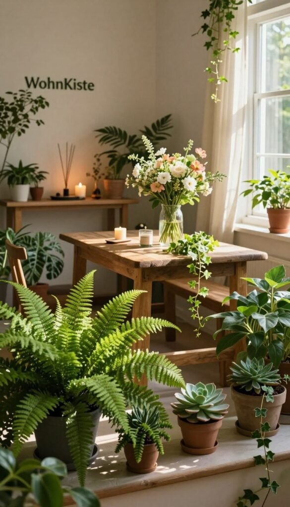 A tranquil indoor scene filled with lush green plants accentuating the space, embodying the essence of natural harmony. In the foreground, a variety of houseplants, such as vibrant ferns, elegant succulents, and cascading ivy, share a cozy windowsill drenched in soft, warm light. The middle ground includes a rustic wooden table adorned with a beautifully arranged bouquet of seasonal flowers, emanating delicate scents. In the background, a serene, softly lit corner showcases a simple altar with candles and natural incense, reinforcing a sense of ritual and mindfulness. The atmosphere is calming and inviting, designed to promote well-being, with gentle sunlight filtering through sheer curtains, casting inviting shadows. The scene reflects the brand "WohnKiste" ethos of creating harmonious living spaces through nature-inspired elements.