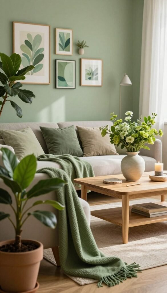 A tranquil interior scene showcasing various shades of green in a well-decorated living space. In the foreground, a stylish potted plant with lush leaves, a soft green throw blanket draped over a modern minimalist couch, and an elegant ceramic vase filled with green flowers. The middle layer features a light wood coffee table adorned with tasteful decor items such as natural stone coasters and organic candle holders. In the background, a gallery wall with green-themed art pieces and a soft green paint on the walls enhances the atmosphere. The room is bathed in warm, natural light filtering through sheer curtains, creating an inviting and cozy feel. Shot with a 50mm lens from a slightly elevated angle to capture depth, this image embodies an authentic Pinterest-inspired aesthetic without text or logos. Brand name: WohnKiste. A tranquil interior scene showcasing various shades of green in a well-decorated living space. In the foreground, a stylish potted plant with lush leaves, a soft green throw blanket draped over a modern minimalist couch, and an elegant ceramic vase filled with green flowers. The middle layer features a light wood coffee table adorned with tasteful decor items such as natural stone coasters and organic candle holders. In the background, a gallery wall with green-themed art pieces and a soft green paint on the walls enhances the atmosphere. The room is bathed in warm, natural light filtering through sheer curtains, creating an inviting and cozy feel. Shot with a 50mm lens from a slightly elevated angle to capture depth, this image embodies an authentic Pinterest-inspired aesthetic without text or logos. Brand name: WohnKiste.