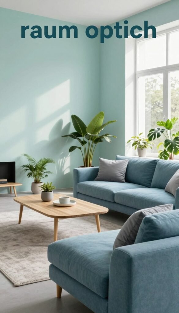 A tranquil living space showcasing the concept of "raum optisch" with cool colors. In the foreground, a modern sofa in soft blue fabric adorned with sleek gray cushions. The middle features a light oak coffee table with minimalistic decor, surrounded by fresh green plants. The background reveals large windows allowing natural light to flood in, casting gentle shadows on the pale walls painted in soothing shades of teal and mint. A soft, inviting rug lies beneath, enhancing the cozy atmosphere. The overall mood is serene and refreshing, embodying the essence of modern living. The composition should evoke a sense of calm and balance, reflecting the influence of cool colors. Ensure the image has a Pinterest-inspired aesthetic and is free of text or branding, except for a subtle presence of the brand "Wohnkiste" in the decor.
