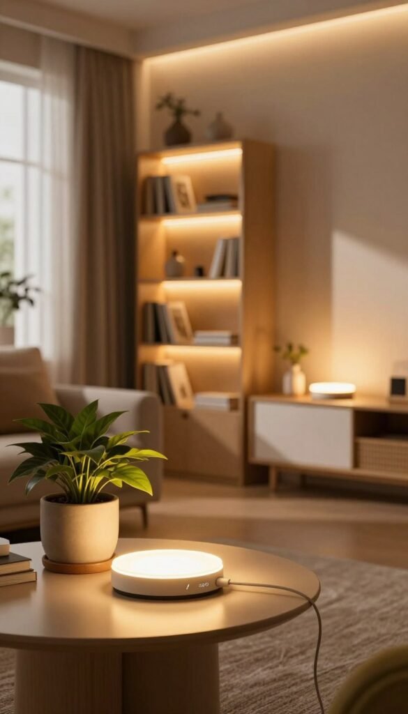 A vibrant and cozy living space featuring WohnKiste products, showcasing an array of LED strips in various applications across the room. In the foreground, a beautifully styled side table displays a sleek LED strip under a potted plant, casting a warm glow. The middle ground features an elegant bookshelf with LED strips illuminating the shelves, highlighting decorative items and books. The background captures a softly lit wall with an ambient LED strip creating a comfortable atmosphere, enhancing the room's aesthetic. Natural light filters in through a window, casting gentle shadows and emphasizing the warm color palette. The mood is inviting and stylish, perfect for inspiring interior design ideas.