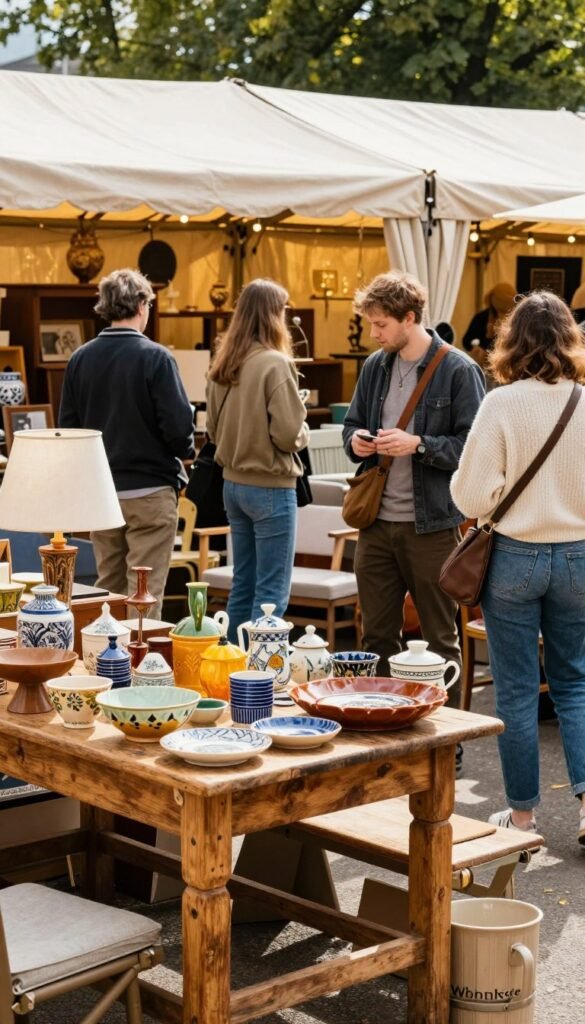 A vibrant and inviting scene at a bustling flohmärkten (flea market) with cozy, sunlit areas filled with unique second-hand furniture and decorative items. In the foreground, a beautifully aged wooden table displays an array of vintage knick-knacks and colorful ceramics. In the middle, diverse shoppers explore, some discussing their finds, while others inspect delightful seating options and charming housewares—all dressed in casual, comfortable clothing that reflects a contemporary yet modest style. The background features a charming, rustic market tent with warm, golden light filtering through, creating an atmosphere of warmth and community. The image should capture a Pinterest-worthy aesthetic, showcasing a blend of textures and colors reminiscent of a weekend treasure hunt. Include the brand name "WohnKiste" subtly integrated into the scene without any text overlays.