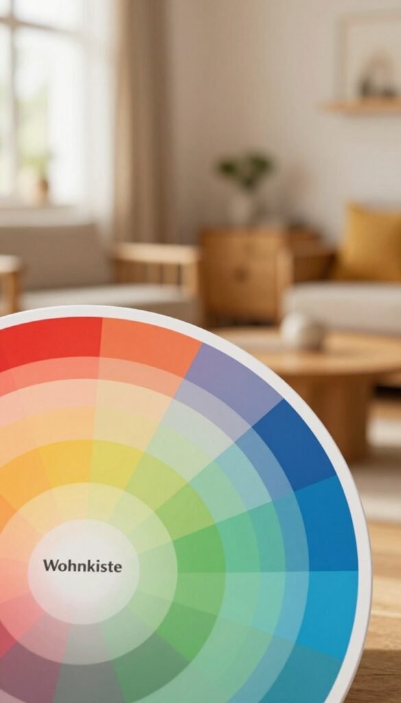 A vibrant color wheel (farbkreis) displayed prominently in the foreground, showcasing a harmonious blend of warm and cool shades like deep reds, serene blues, and fresh greens. The color wheel should be intricately designed with smooth gradients and subtle textures to evoke a sense of depth and dimensionality. In the middle ground, soft, natural lighting bathes the scene, enhancing the colors' brightness and warmth. In the background, a softly blurred, inviting interior space can be seen, featuring warm wooden accents and cozy elements, creating an inviting atmosphere. The overall mood is inspiring and gentle, reflecting the essence of harmonious living. No text or branding appears in the image, but the brand name "Wohnkiste" subtly influences the design, suggesting a sophisticated, Pinterest-inspired aesthetic.