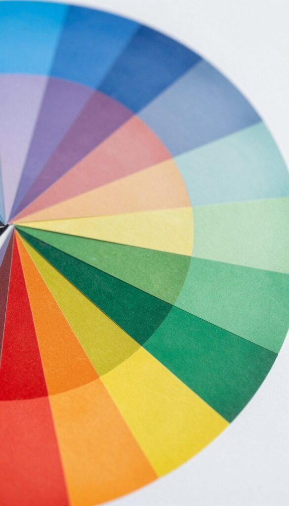 A vibrant color wheel featuring harmonious color combinations, designed for a Pinterest aesthetic. In the foreground, showcase vivid segments of the color wheel, each displaying rich, warm tones like reds, blues, yellows, and greens, smoothly transitioning into one another. In the middle ground, a subtle gradient background enhances the wheel, with soft lighting that casts gentle shadows, creating depth. The composition is captured with a macro lens to highlight the intricate textures of the colors, while the angle provides a slightly elevated view, allowing the wheel to dominate the scene. The mood is inviting and organic, emphasizing natural beauty in color psychology. The style reflects the brand "Wohnkiste," keeping the image authentic and without any text or watermarks.