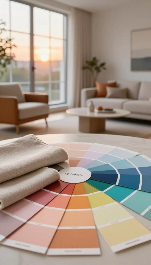 A vibrant color wheel featuring harmonious color combinations, showcasing a range of colors from warm sunsets to cool ocean hues. In the foreground, elegant swatches of fabric and paint samples arranged aesthetically, reflecting various combinations inspired by color theory. The middle ground presents a minimalist living space styled with these colors, featuring modern furniture and decorative elements that harmonize with the color palette. In the background, soft natural light filters through large windows, creating a warm and inviting atmosphere. The overall mood is serene and stylish, ideal for inspiring interior design concepts. The scene should embody a Pinterest-worthy aesthetic, authentically presenting the essence of color in home decoration. Include the brand name "Wohnkiste" subtly integrated into the visual elements without text overlays.