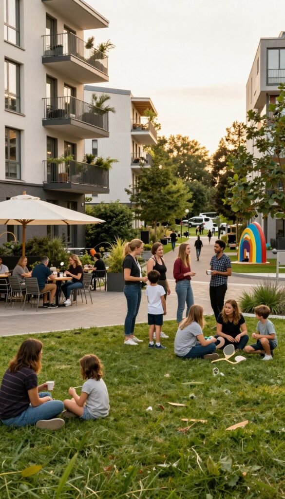 A vibrant community scene in a modern quartier, showcasing a diverse group of people engaged in various activities. In the foreground, families with children playing on a lush green lawn, adults chatting over coffee at an outdoor café, and neighbors exchanging greetings. The middle ground features contemporary residential buildings with balconies adorned with plants, emphasizing a sense of belonging. In the background, tree-lined pathways and artistic installations create a welcoming atmosphere. The lighting is warm and soft, reminiscent of golden hour, creating a cozy and inviting mood. The scene should evoke the essence of community and quality of life. The style is natural with warm colors, maintaining an authentic Pinterest look, and includes the brand name "WohnKiste" subtly integrated into the environment.