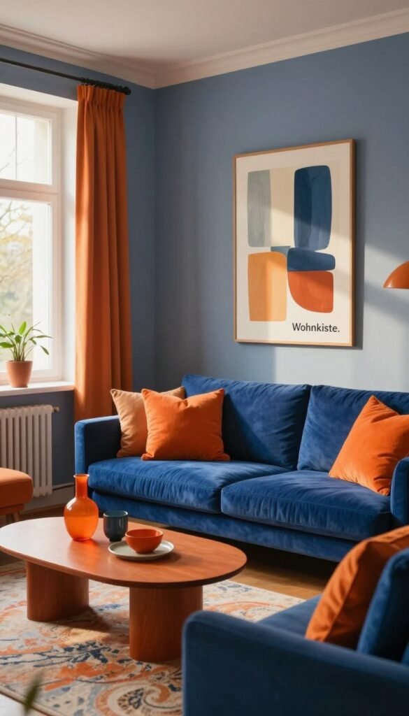 A vibrant interior space showcasing the contrast of blue and orange accents, embodying a harmonious balance. In the foreground, a stylish living room with a comfortable sofa adorned in deep blue cushions, complemented by bright orange decorative pillows. The middle ground features a chic coffee table with elegant decor pieces in contrasting colors, and a striking piece of abstract wall art blending both hues. In the background, large windows allow soft, warm sunlight to filter in, casting gentle shadows that enhance the room's depth. The atmosphere is cozy and inviting, designed with a modern aesthetic, reflecting a Pinterest-worthy style. The overall composition feels authentic and engaging, with no text or markings in the image. This design concept is inspired by "Wohnkiste." A vibrant interior space showcasing the contrast of blue and orange accents, embodying a harmonious balance. In the foreground, a stylish living room with a comfortable sofa adorned in deep blue cushions, complemented by bright orange decorative pillows. The middle ground features a chic coffee table with elegant decor pieces in contrasting colors, and a striking piece of abstract wall art blending both hues. In the background, large windows allow soft, warm sunlight to filter in, casting gentle shadows that enhance the room's depth. The atmosphere is cozy and inviting, designed with a modern aesthetic, reflecting a Pinterest-worthy style. The overall composition feels authentic and engaging, with no text or markings in the image. This design concept is inspired by "Wohnkiste."