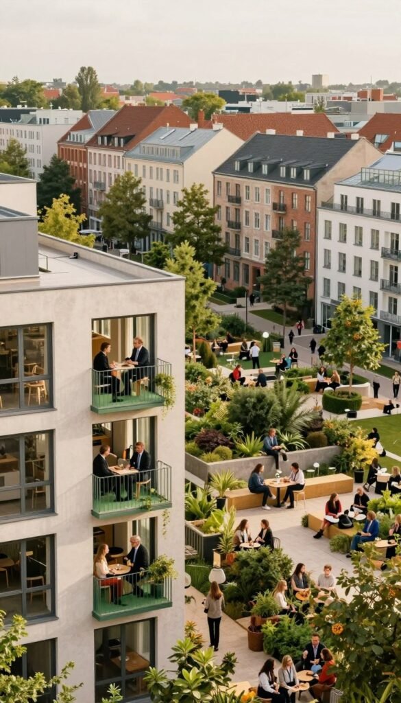 A vibrant urban scene depicting a transformed neighborhood showcasing innovative architectural renovations. In the foreground, modern, cozy apartments with large windows and green balconies, occupied by diverse individuals in professional attire enjoying their space. The middle ground features reimagined public areas with lush greenery, communal gardens, and inviting seating areas where residents leisurely interact. The background illustrates a blend of classic and contemporary buildings harmoniously integrated, emphasizing sustainable design. Soft, warm natural lighting bathes the scene, creating an inviting atmosphere. The overall mood is one of community and creativity, captured from a slightly elevated angle to provide depth. Incorporate subtle branding elements of "WohnKiste" into the environment, ensuring a Pinterest-inspired aesthetic, devoid of any text or markings.