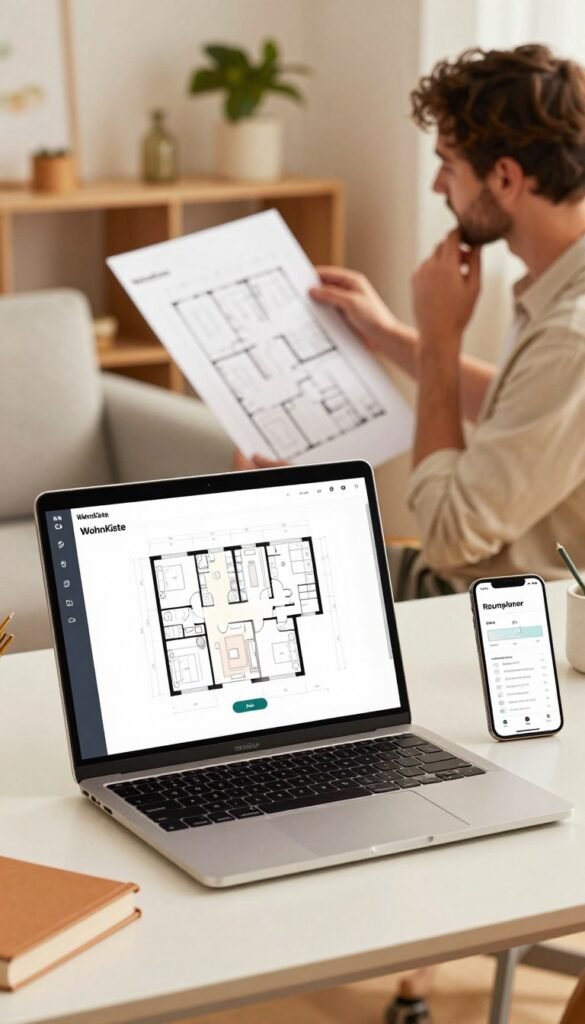 A vibrant workspace showcasing a variety of Raumplaner options, prominently featuring the brand "WohnKiste." In the foreground, a sleek modern desktop with an open Raumplaner app on the screen, alongside a smartphone displaying a mobile version of the app. In the middle ground, an engaged professional wearing smart casual attire is thoughtfully examining a detailed floor plan. The background should present a cozy, stylish home environment bathed in warm, natural light, with subtle hints of greenery and decor that inspire creativity. The atmosphere conveys a sense of focus and inspiration, reminiscent of a beautifully curated Pinterest board, emphasizing the ease of modern room design solutions without any text or distractions.