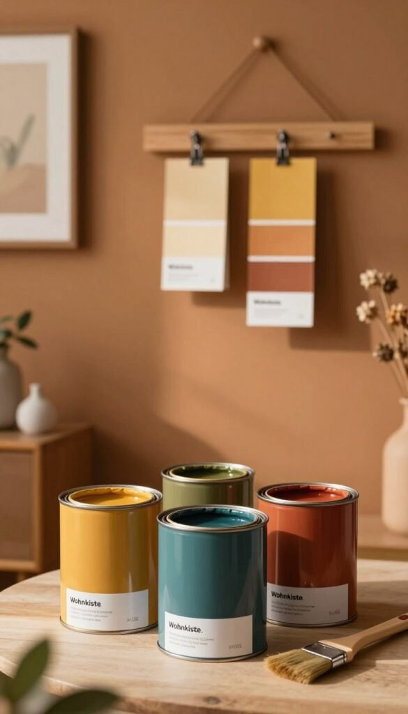 A visually appealing selection of premium wall paints, showcasing a variety of rich colors that evoke strong spatial effects. In the foreground, display open paint cans in warm hues like deep teal, mustard yellow, and terracotta, with brushes resting on the edge. In the middle ground, visible paint swatches hang on a stylish wooden board, labeled with the brand name "Wohnkiste." The background features a beautifully curated room setting that highlights the colors on the walls, surrounded by minimalist decor, warm lighting, and soft shadows that create a cozy ambiance. The overall mood should be authentic and inviting, capturing the essence of home decor inspiration without any text or logos in the image.
