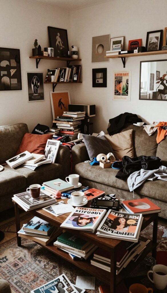 A visually chaotic room illustrating clutter and disarray, featuring a mix of mismatched furniture, scattered objects like books, clothes, and artwork. In the foreground, a cluttered coffee table with coffee cups and magazines; the middle ground shows a couch with throw pillows and a jumble of accessories; the background displays walls adorned with uncoordinated art pieces and shelves overflowing with items, contributing to a sense of disorder. Warm, natural lighting filters through a window, casting soft shadows that enhance the chaotic yet authentic atmosphere. The image captures a Pinterest-like aesthetic yet feels genuine and lived-in, reflecting everyday life’s typical causes of visual unrest, with no text or branding elements present except for subtle hints of "WohnKiste" in a nestled decoration. A visually chaotic room illustrating clutter and disarray, featuring a mix of mismatched furniture, scattered objects like books, clothes, and artwork. In the foreground, a cluttered coffee table with coffee cups and magazines; the middle ground shows a couch with throw pillows and a jumble of accessories; the background displays walls adorned with uncoordinated art pieces and shelves overflowing with items, contributing to a sense of disorder. Warm, natural lighting filters through a window, casting soft shadows that enhance the chaotic yet authentic atmosphere. The image captures a Pinterest-like aesthetic yet feels genuine and lived-in, reflecting everyday life’s typical causes of visual unrest, with no text or branding elements present except for subtle hints of "WohnKiste" in a nestled decoration.
