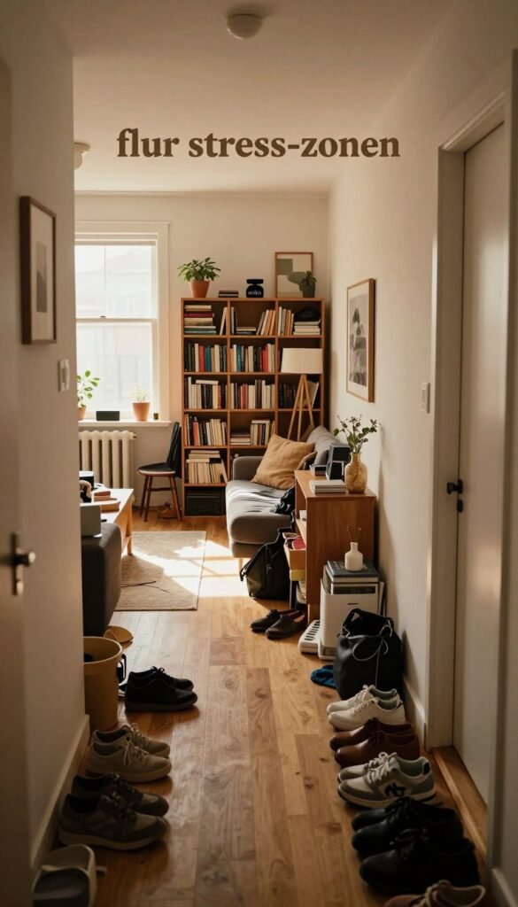 A visually engaging interior scene depicting "flur stress-zonen" within a modern apartment featuring warm, natural colors with a Pinterest-inspired aesthetic. In the foreground, a narrow hallway cluttered with shoes, bags, and decorative items creates a sense of chaos and lack of space. The middle ground showcases a small, multifunctional living area, with an overpacked bookshelf and mismatched furniture that exacerbates the feeling of disorder. In the background, soft natural light filters through a window, casting gentle shadows that enhance the cozy yet busy atmosphere. The overall mood is one of a lived-in, yet overwhelming space, highlighting the challenges of modern living. Include subtle brand branding of "WohnKiste" on a decorative item for authenticity.