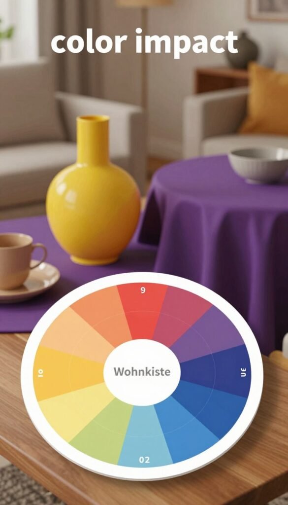 A visually striking composition illustrating the concept of "color impact" in everyday life. In the foreground, a stylized color wheel featuring warm, inviting hues such as soft reds, yellows, and rich blues. In the middle ground, various objects are arranged to demonstrate clashing color combinations, like a bright yellow vase beside a deep purple tablecloth, evoking a sense of discord. The background is a blurred modern living room setting, with warm lighting to create a cozy atmosphere. The entire scene embodies a Pinterest aesthetic, showcasing authentic décor, with the brand name "Wohnkiste" subtly integrated into the color wheel design. The overall mood is thought-provoking and visually engaging, drawing the viewer into the complexities of color harmony.