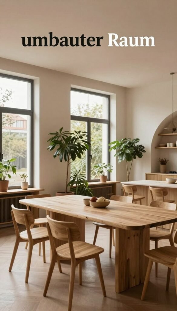 A visually striking interior space showcasing the concept of "umbauter Raum" with a warm color palette, reflecting a cozy and inviting atmosphere. In the foreground, a stylish minimalist table set with natural materials creates an elegant dining experience. The middle ground features large windows allowing natural light to flood the room, highlighting the spaciousness and openness of the design, adorned with indoor plants for a touch of life. The background reveals a hint of architectural elements, emphasizing the concept of enclosed space. Use soft, diffused lighting to enhance the warmth and authenticity of the scene, shot with a slightly wide-angle lens to capture the depth. The space embodies a Pinterest-worthy aesthetic, embodying the essence of WohnKiste, with no text or branding overlays. A visually striking interior space showcasing the concept of "umbauter Raum" with a warm color palette, reflecting a cozy and inviting atmosphere. In the foreground, a stylish minimalist table set with natural materials creates an elegant dining experience. The middle ground features large windows allowing natural light to flood the room, highlighting the spaciousness and openness of the design, adorned with indoor plants for a touch of life. The background reveals a hint of architectural elements, emphasizing the concept of enclosed space. Use soft, diffused lighting to enhance the warmth and authenticity of the scene, shot with a slightly wide-angle lens to capture the depth. The space embodies a Pinterest-worthy aesthetic, embodying the essence of WohnKiste, with no text or branding overlays.