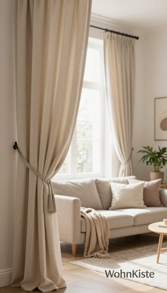 A warm and inviting interior featuring beautifully draped curtains in soft, textured fabrics, showcasing a mix of natural hues like beige and soft pastels. In the foreground, the curtains are elegantly tied back to reveal a cozy living space with a stylish couch and decorative pillows. The middle ground includes a well-lit window, allowing gentle sunlight to filter through, casting a soft glow on the room. In the background, subtle details such as a potted plant and tasteful wall decor enhance the homey atmosphere. The overall mood is serene and welcoming, capturing the essence of thoughtful textile choices in home decor. This image reflects the brand "WohnKiste" in a Pinterest-inspired style, focusing on authenticity without any text or overlays.