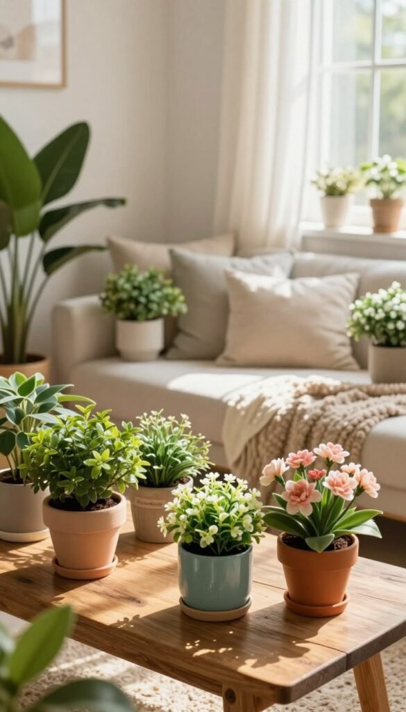 A warm and inviting interior scene featuring various blooming plants and artificial flowers in stylish, colorful pots. In the foreground, a rustic wooden table is adorned with vibrant flower pots, displaying a mix of real and lifelike artificial plants. The middle space showcases a cozy nook with a soft, textured rug and comfortable cushions, enhancing the atmosphere of relaxation. In the background, a softly lit window allows natural sunlight to filter through sheer curtains, creating gentle shadows and highlighting the warmth of a home. The scene conveys a fresh, Pinterest-inspired aesthetic, promoting flexibility in decor styling. Ensure the label "WohnKiste" is subtly included on one of the flower pots, maintaining an authentic and clean image without any text, watermarks, or signatures.