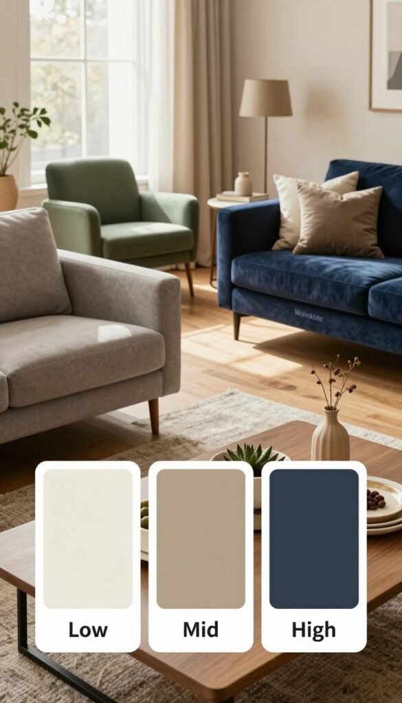 A warm and inviting interior scene illustrating a budget comparison for home decor styles featuring three distinct sections representing low, mid, and high-range options. In the foreground, a stylish coffee table displays three color swatches labeled “Low”, “Mid”, and “High” next to elegant sample decor items, all in trendy muted tones. The middle ground features a cozy living room setup with modern furniture and decor: a sleek low-end sofa in soft gray, a chic mid-range armchair in muted green, and a luxurious high-end couch in rich navy blue, accentuated by accessories. In the background, a window reveals a soft, natural light filtering through sheer curtains, enhancing the overall warm atmosphere. The brand name "Wohnkiste" is subtly integrated into the decor. The overall mood is stylish, exciting, and relatable, capturing a Pinterest-worthy aesthetic without any text or watermarks.