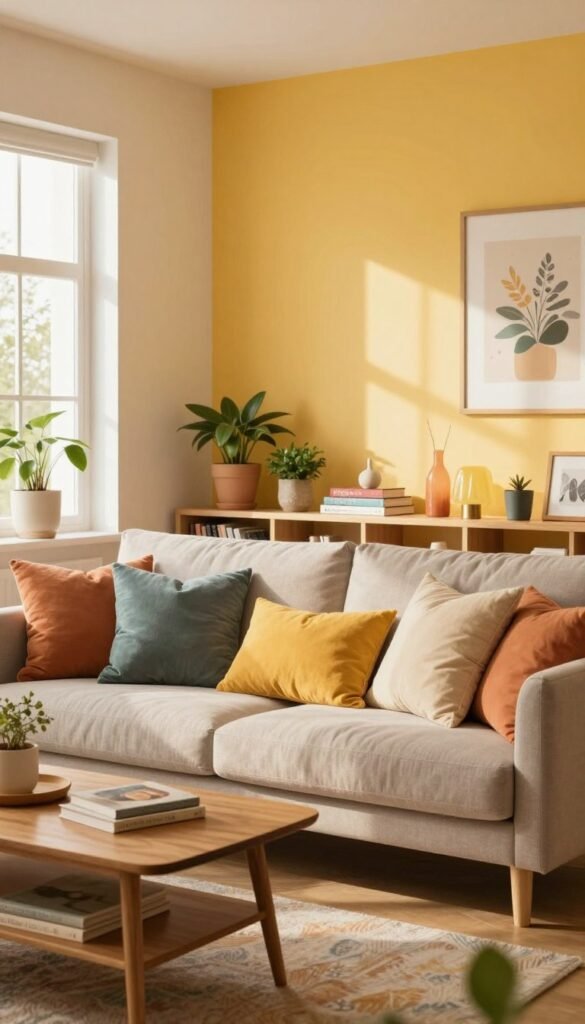 A warm and inviting interior space featuring a stylish living room designed by WohnKiste. The foreground showcases a cozy sofa adorned with colorful throw pillows in various shades, complemented by a chic wooden coffee table. The middle ground includes a shelf filled with tasteful decorations, plants, and carefully arranged books that reflect a Pinterest aesthetic. The background reveals softly illuminated walls painted in harmonious and vibrant colors, creating a cheerful atmosphere. Natural light streams through large windows, casting gentle shadows and enhancing the warm tones in the room. The overall mood is relaxed and welcoming, embodying the clever combination of colors, furniture, light, and accessories for a fresh, revamped look.