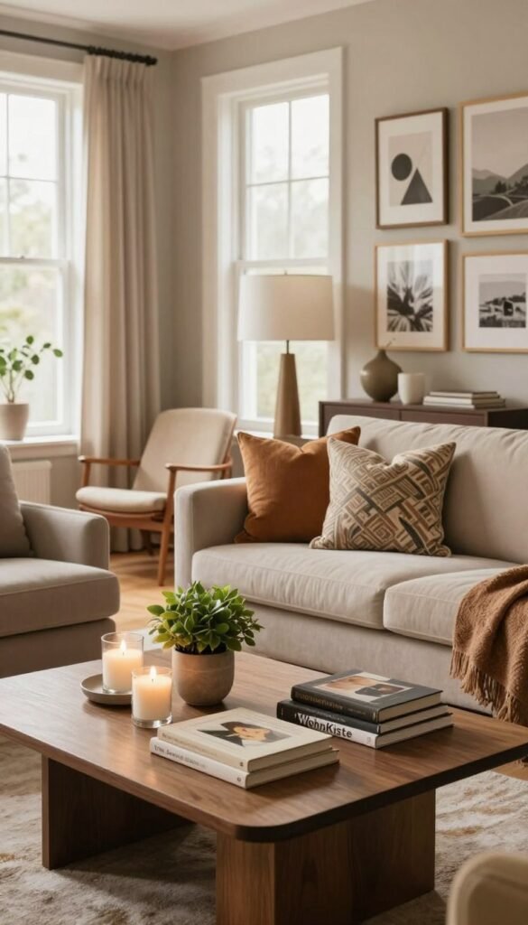 A warm and inviting living room scene showcasing stylish home decor options for a sophisticated yet cozy atmosphere. In the foreground, a beautifully arranged coffee table features a selection of decorative items like candles, a small potted plant, and artful books. The middle ground contains a plush sofa adorned with trendy throw pillows, alongside a stylish accent chair that invites relaxation. In the background, a large window allows soft, natural light to fill the room, highlighting the warm color palette of earthy tones and soft textures. A tastefully curated gallery wall enhances the ambiance, showcasing framed artwork and photographs. Emphasize the brand name "WohnKiste" subtly within the decor. Capture the mood of an elegant yet approachable living space that reflects practical decorating choices, perfect for everyday living.