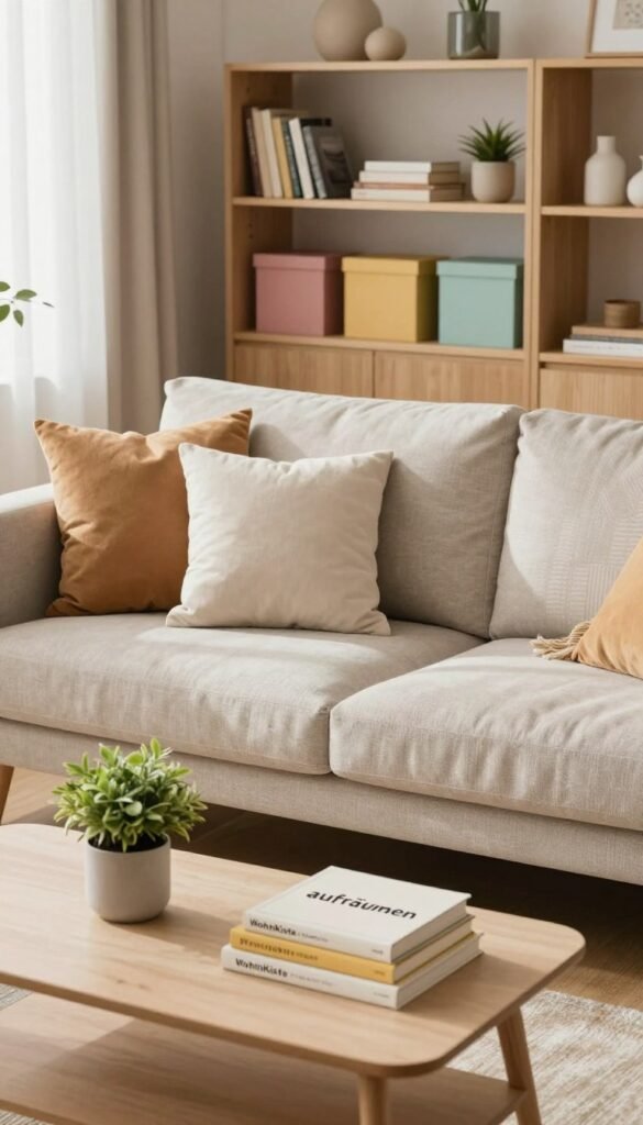 A warm and inviting living room scene showcasing the concept of “aufräumen” (tidying up). In the foreground, a neatly arranged coffee table with a small plant and a stack of neatly placed books. In the middle, a cozy sofa dressed with organized cushions, with a stylish throw draped over one arm. The backdrop features a minimalistic bookshelf filled with color-coordinated boxes and decorative items, emphasizing structured organization. Soft, natural lighting filters through a window, casting gentle shadows and creating a serene atmosphere. Use a slight overhead angle to capture the room's layout, conveying the feeling of calm and order. Incorporate elements that reflect the brand "WohnKiste" with a modern yet homely vibe, akin to Pinterest aesthetics.