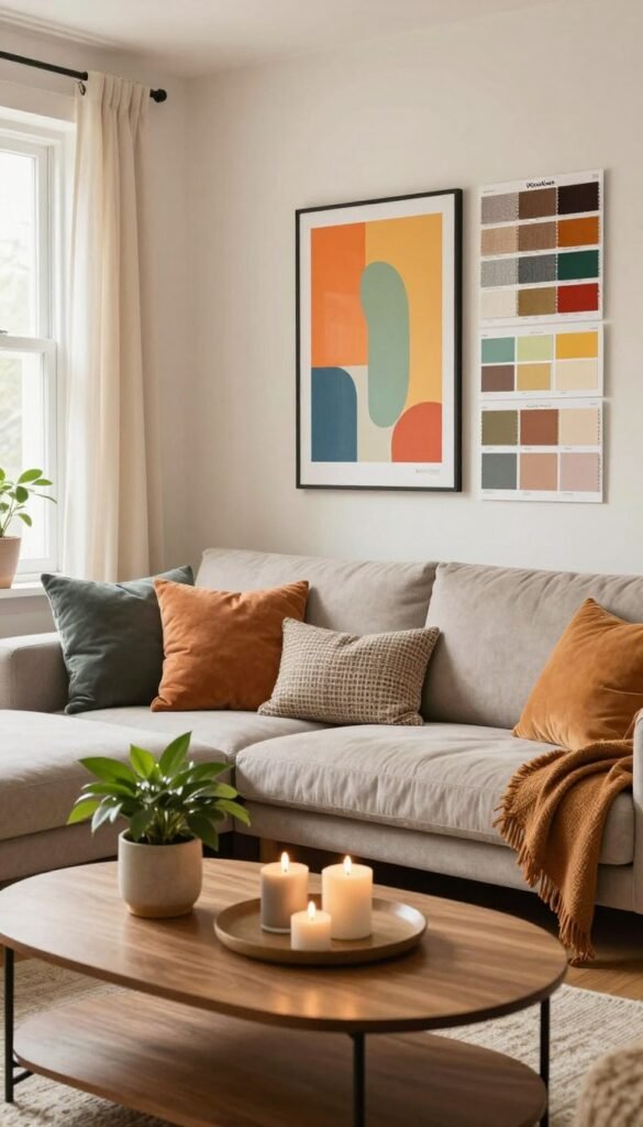 A warm and inviting living room scene that showcases various visual upgrade options for apartments. In the foreground, a stylish coffee table adorned with decorative items like candles and a potted plant, emphasizing a cozy atmosphere. The middle ground features a sofa with modern cushions and a vibrant wall art piece, surrounded by an array of sample materials like fabric swatches and paint color charts, hinting at design considerations. The background reveals a window with soft, natural light pouring in, illuminating the space and enhancing the colors. The overall mood is inspiring and creative, perfect for someone contemplating home upgrades. The scene reflects a Pinterest aesthetic, with an authentic feel, devoid of any text or watermarks. Include a subtle reference to the brand "WohnKiste" through the decorative elements in the room.